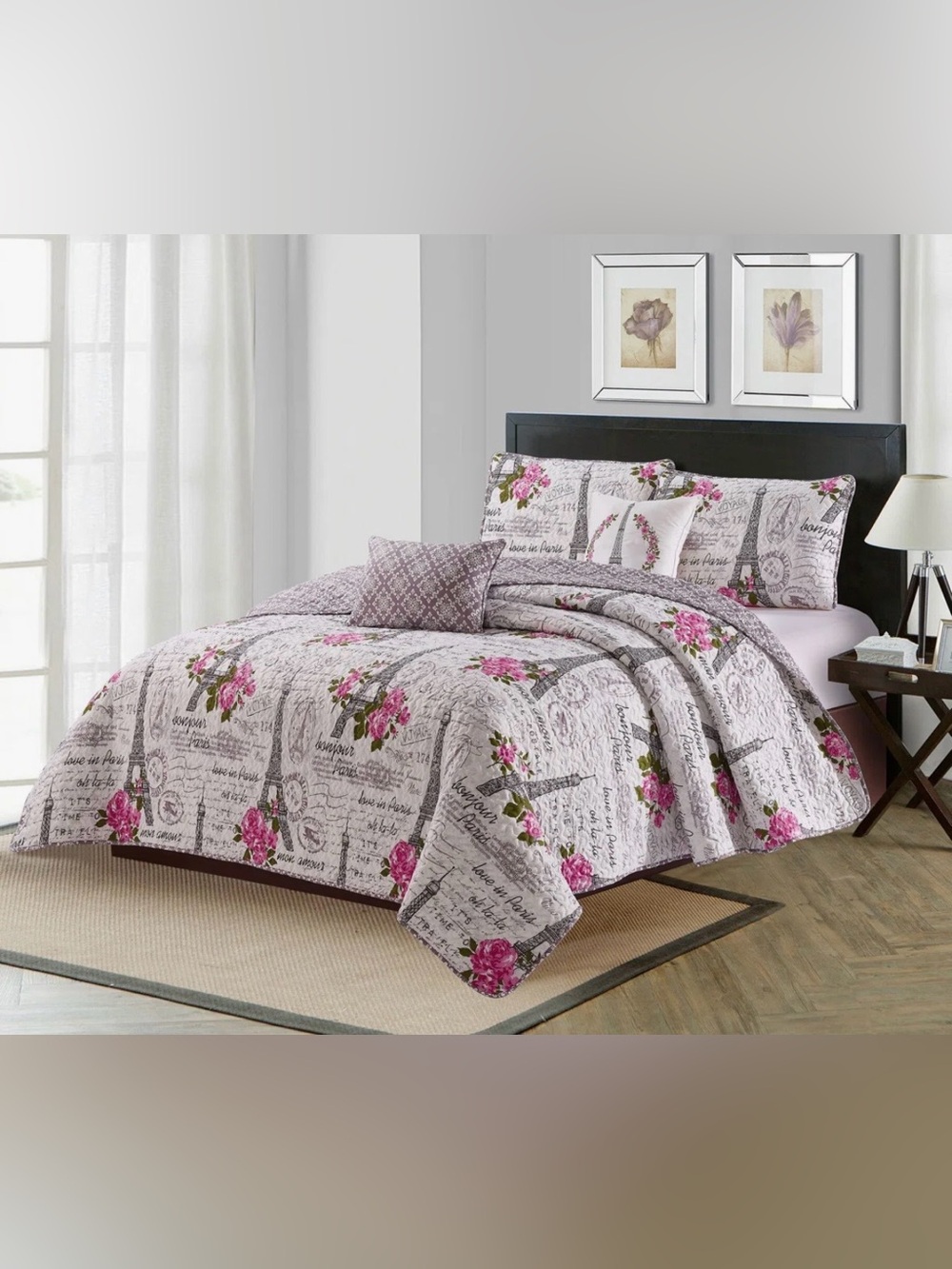 Reversible Floral Paris Quilt Set size Queen